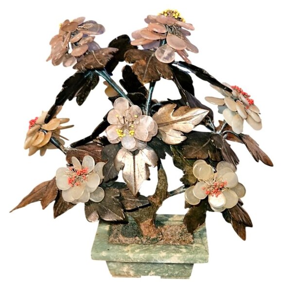 Vintage JadeFlower Bonsai Tree Sculpture 11" Tall With Jade Base